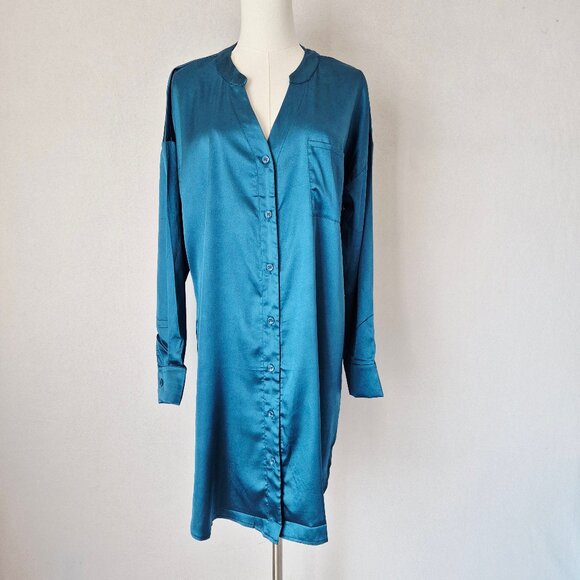 NWT EKOUAER Satin Night Sleepshirt Button-Down Pocket V-Neck Long Sleeve Blue - Picture 2 of 12